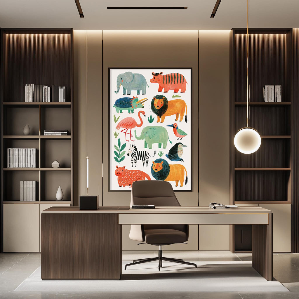 a modern office space with a large, colorful poster of various animals on the wall behind a desk with a chair.
