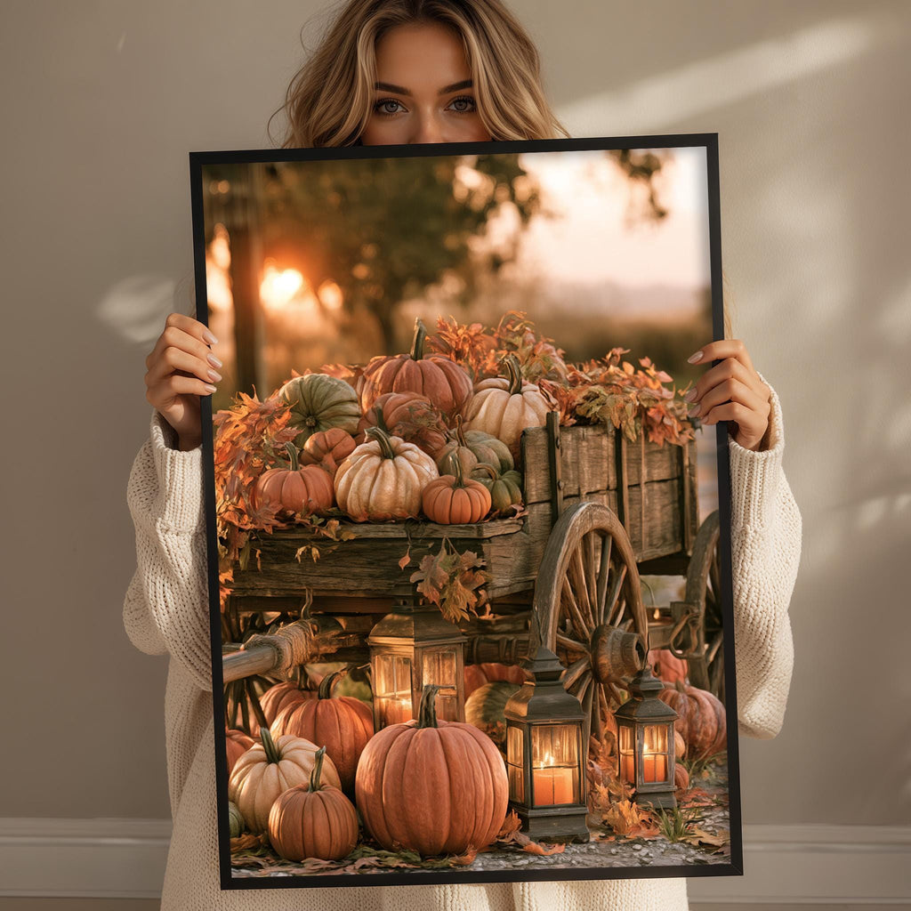 A woman holds up a framed image depicting a rustic wagon filled with pumpkins and lanterns, surrounded by autumn foliage.