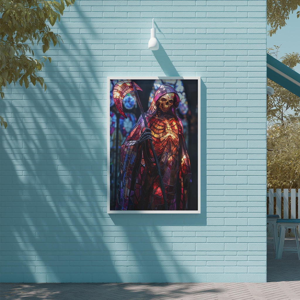 a large, colorful painting of a figure with a skull-like design on their face, hanging on a blue wall.