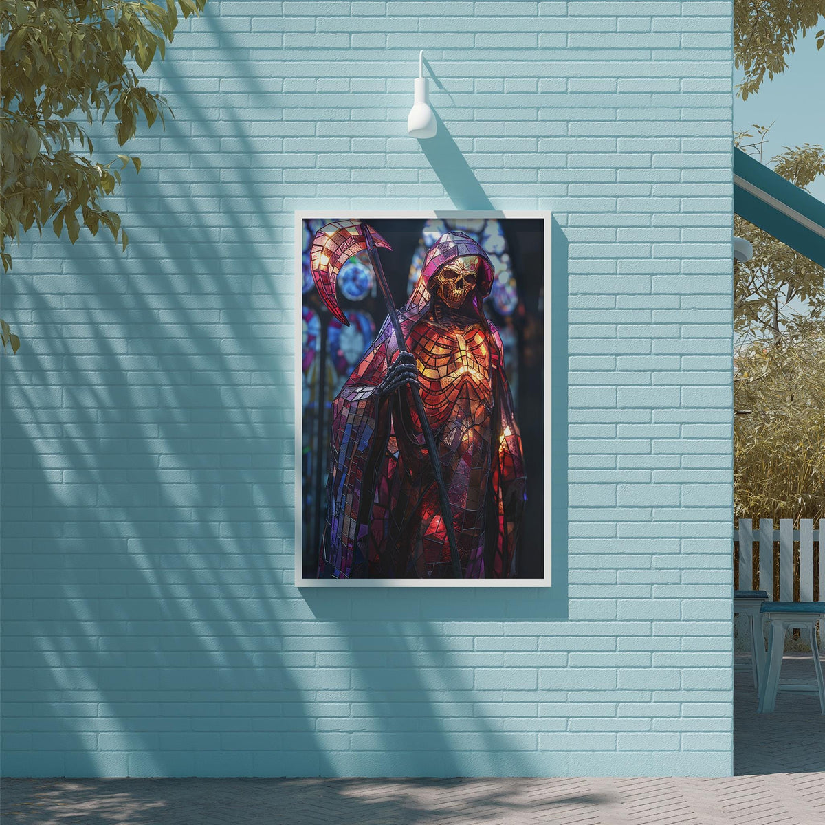 a large, colorful painting of a figure with a skull-like design on their face, hanging on a blue wall.