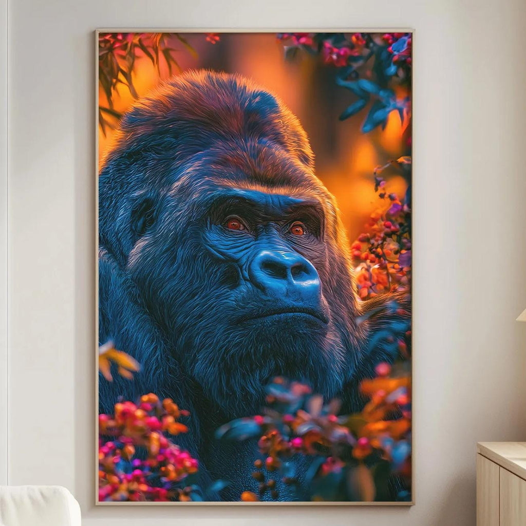 a large, vibrant painting of a gorilla in a lush, colorful forest setting.