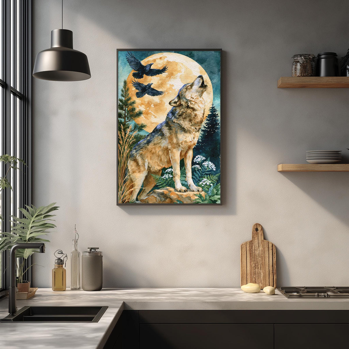 a framed painting of a wolf howling at the moon, hanging on a wall in a kitchen setting.