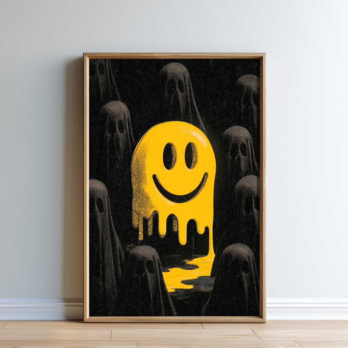 The image is a framed artwork featuring a large, yellow smiley face surrounded by a group of black, ghostly figures.