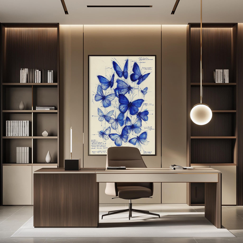 a modern office space with a large blue butterfly artwork hanging on the wall behind a desk. The desk has a chair and a lamp, creating a professional and comfortable work environment.