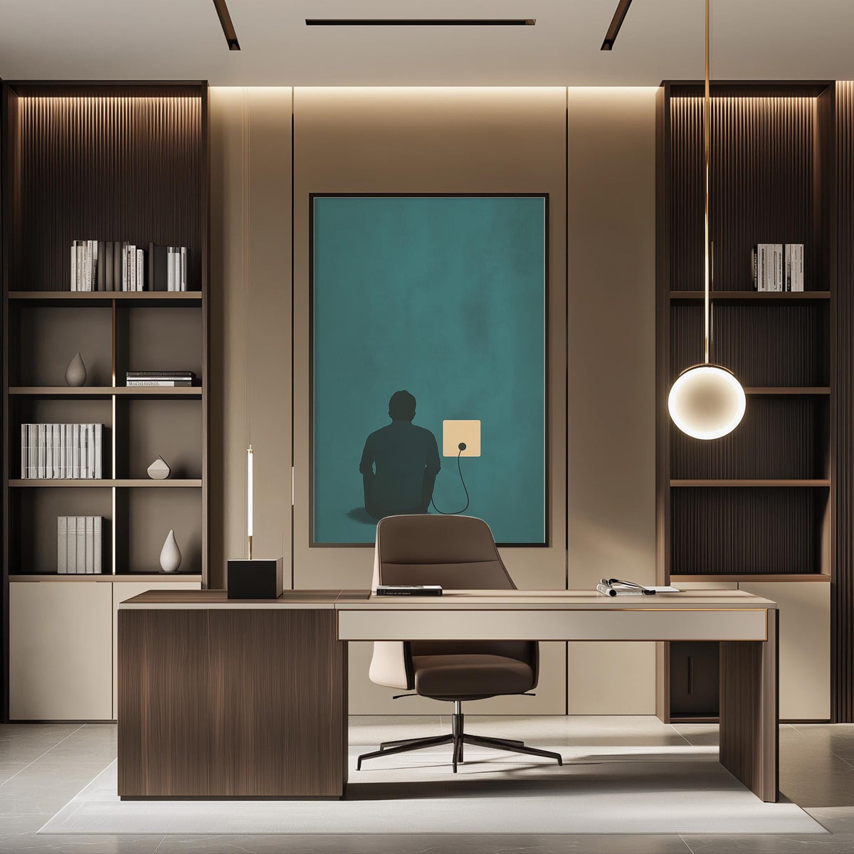 a modern and minimalist office space with a large wooden desk, a comfortable-looking chair, and a large abstract painting on the wall.