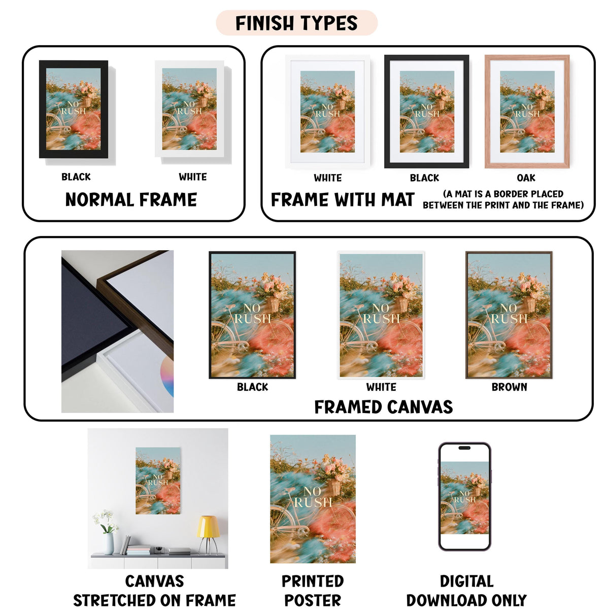 various finish types for artwork, including canvas, stretched on frame, framed canvas, printed poster, and digital download only.