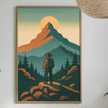 a framed illustration of a hiker standing on a mountain trail, with a mountain range and a sunset in the background. The hiker is wearing a backpack and appears to be taking a break or contemplating the view. The setting includes a dining table with a vase of flowers, a bottle, and a bowl of fruit, creating a cozy and inviting atmosphere.