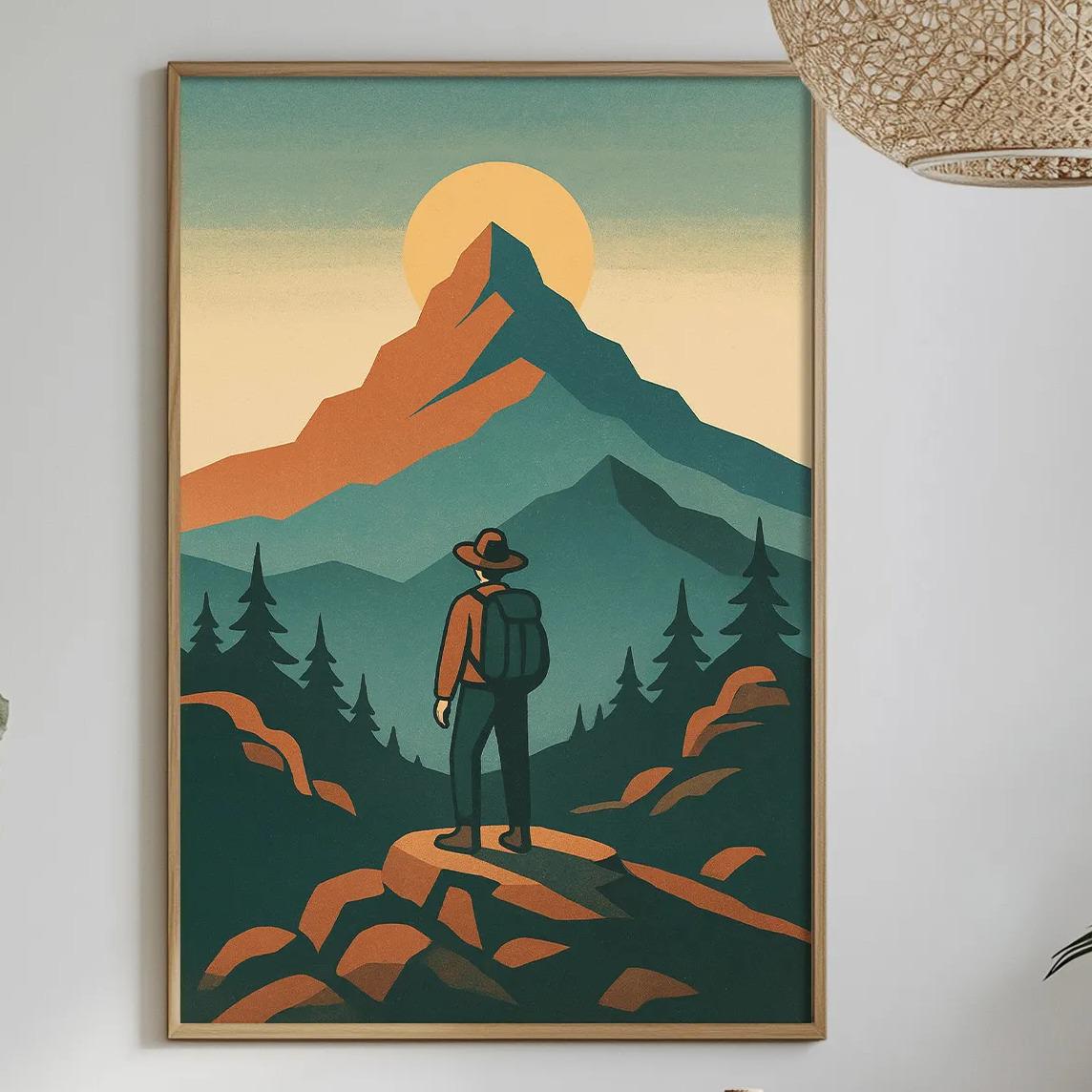 a framed illustration of a hiker standing on a mountain trail, with a mountain range and a sunset in the background. The hiker is wearing a backpack and appears to be taking a break or contemplating the view. The setting includes a dining table with a vase of flowers, a bottle, and a bowl of fruit, creating a cozy and inviting atmosphere.