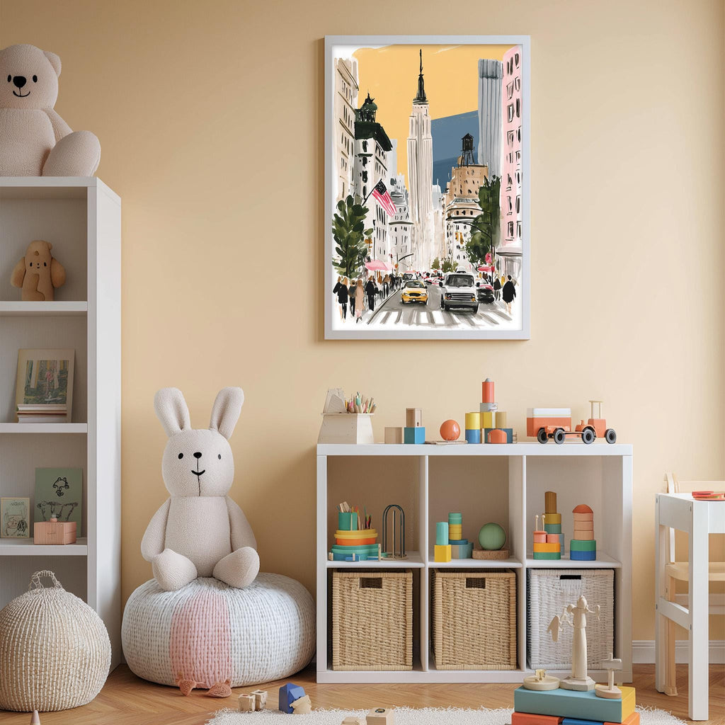 A child's bedroom with a large stuffed bunny, a bookshelf, and a toy storage unit. The walls are painted a light peach color, and there is a framed picture of a cityscape hanging on the wall.