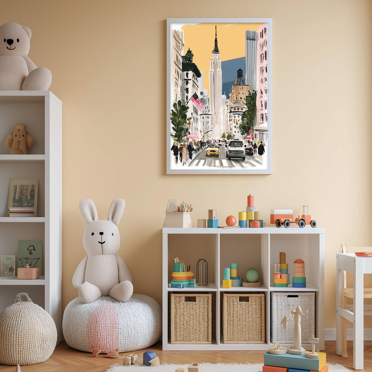 A child's bedroom with a large stuffed bunny, a bookshelf, and a toy storage unit. The walls are painted a light peach color, and there is a framed picture of a cityscape hanging on the wall.