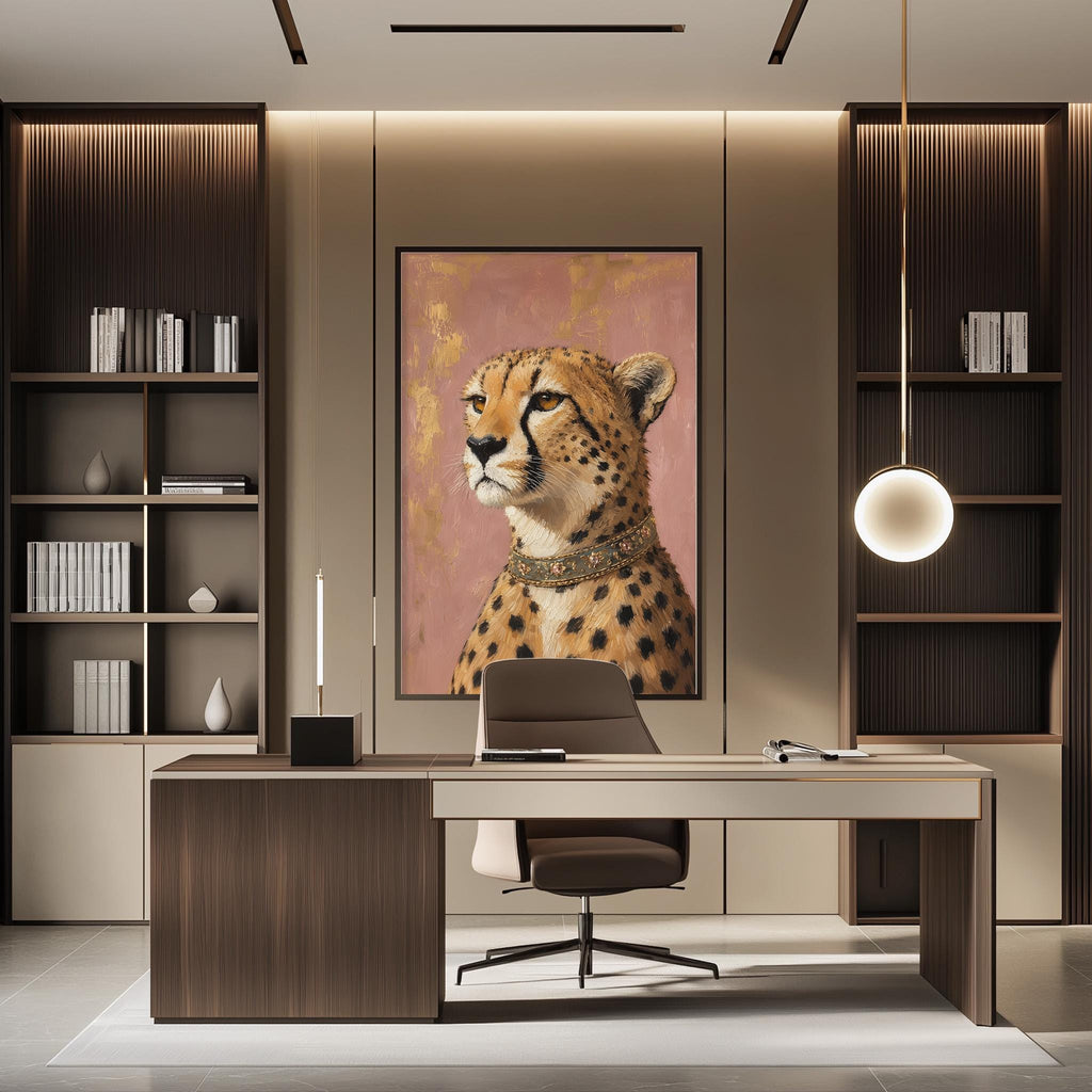 a modern office space with a large framed painting of a cheetah on the wall, a wooden desk with a chair, and built-in bookshelves.