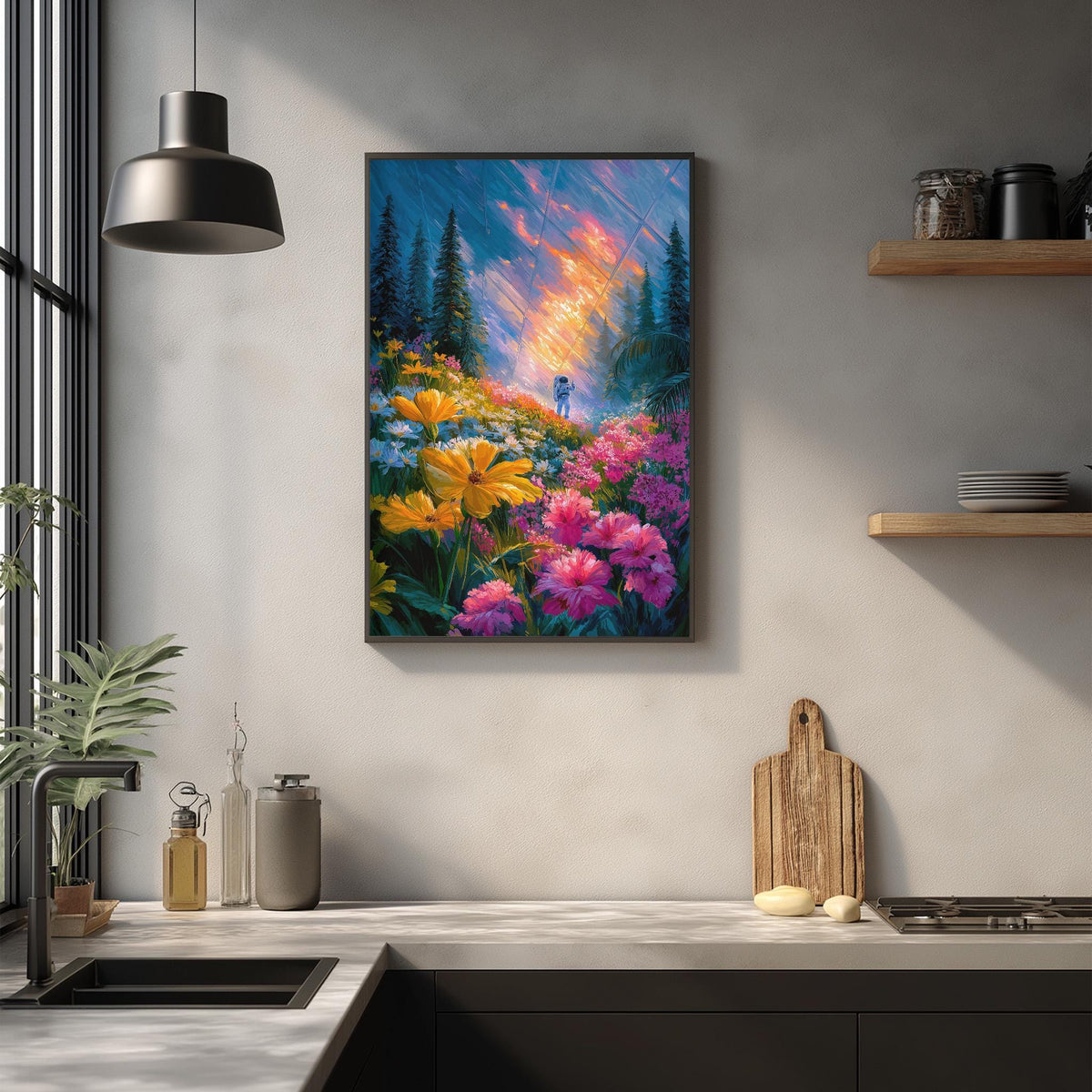a vibrant and colorful painting of a lush garden scene, hanging on a wall above a kitchen counter.