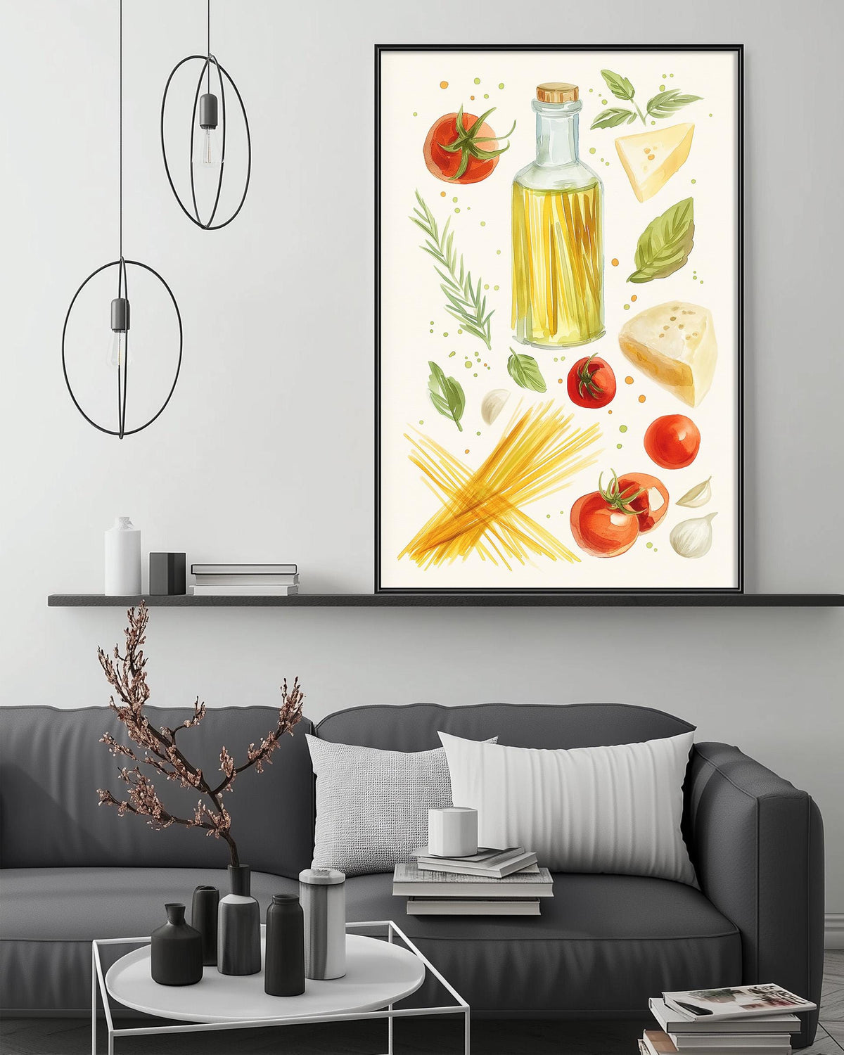 a cozy living room with a gray sofa, a coffee table, and a framed print of Italian food items displayed on the wall above the sofa.