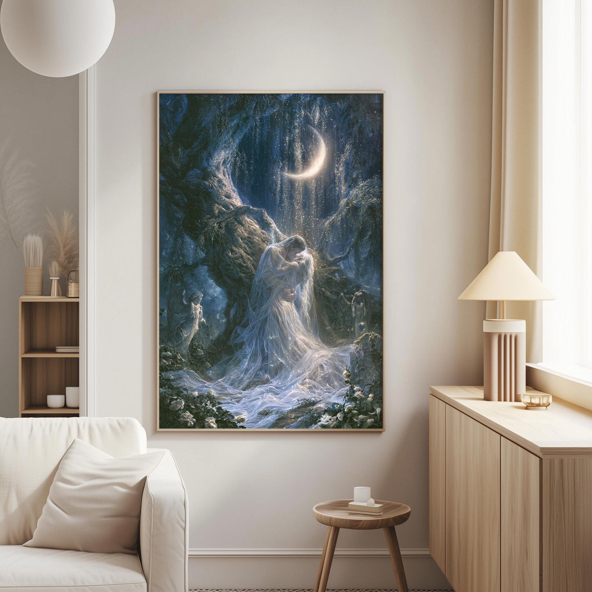 a large, framed painting of a woman in a flowing dress standing in a forest, with a crescent moon above her. The painting is hanging on a wall in a living room setting, with a white couch and a wooden side table nearby.