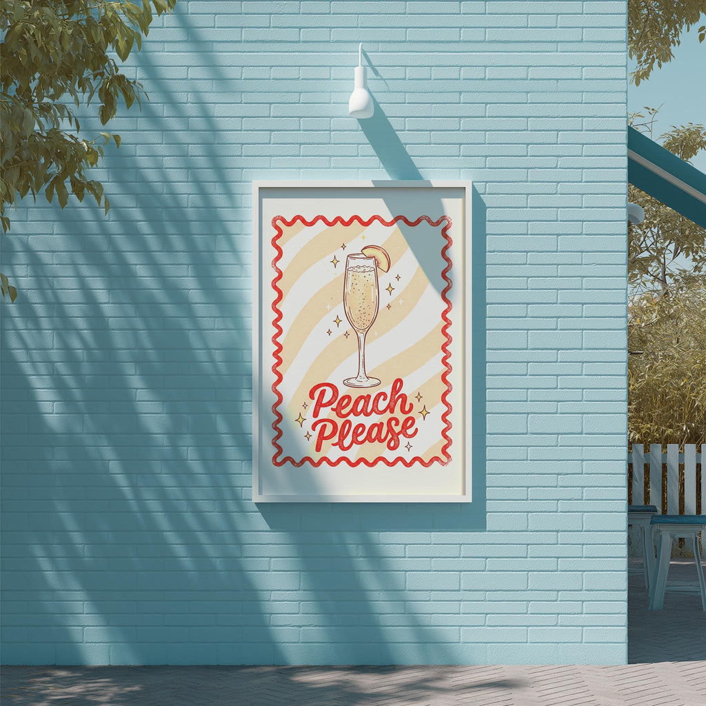 A framed poster with a whimsical illustration of a glass of peach wine and the text "Peach Please" is displayed on a blue brick wall.