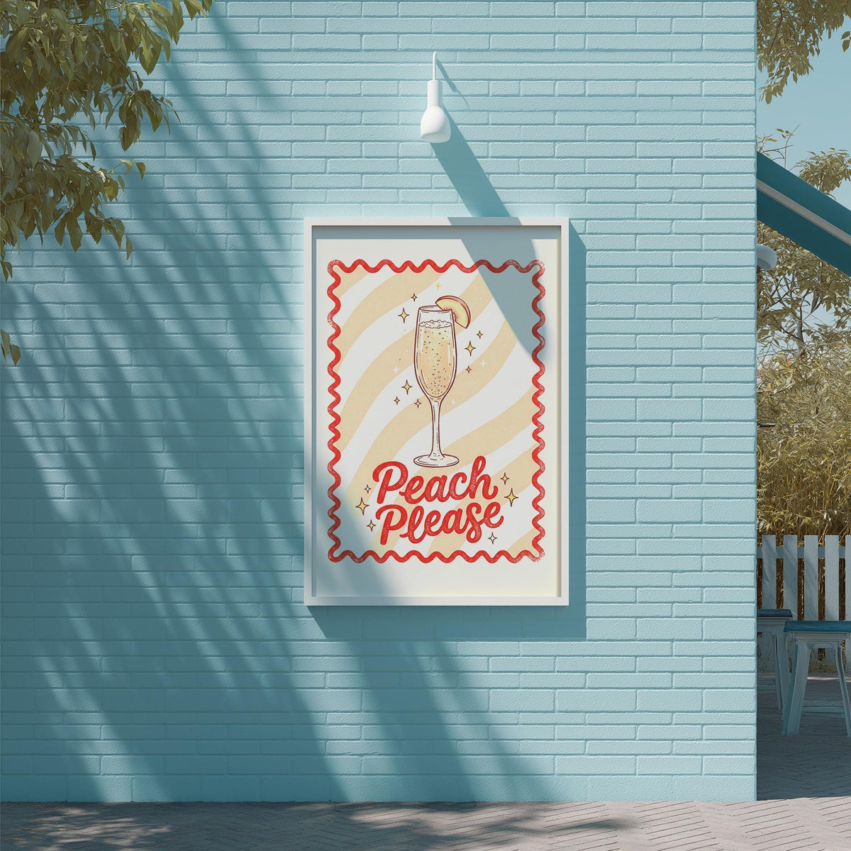 A framed poster with a whimsical illustration of a glass of peach wine and the text "Peach Please" is displayed on a blue brick wall.