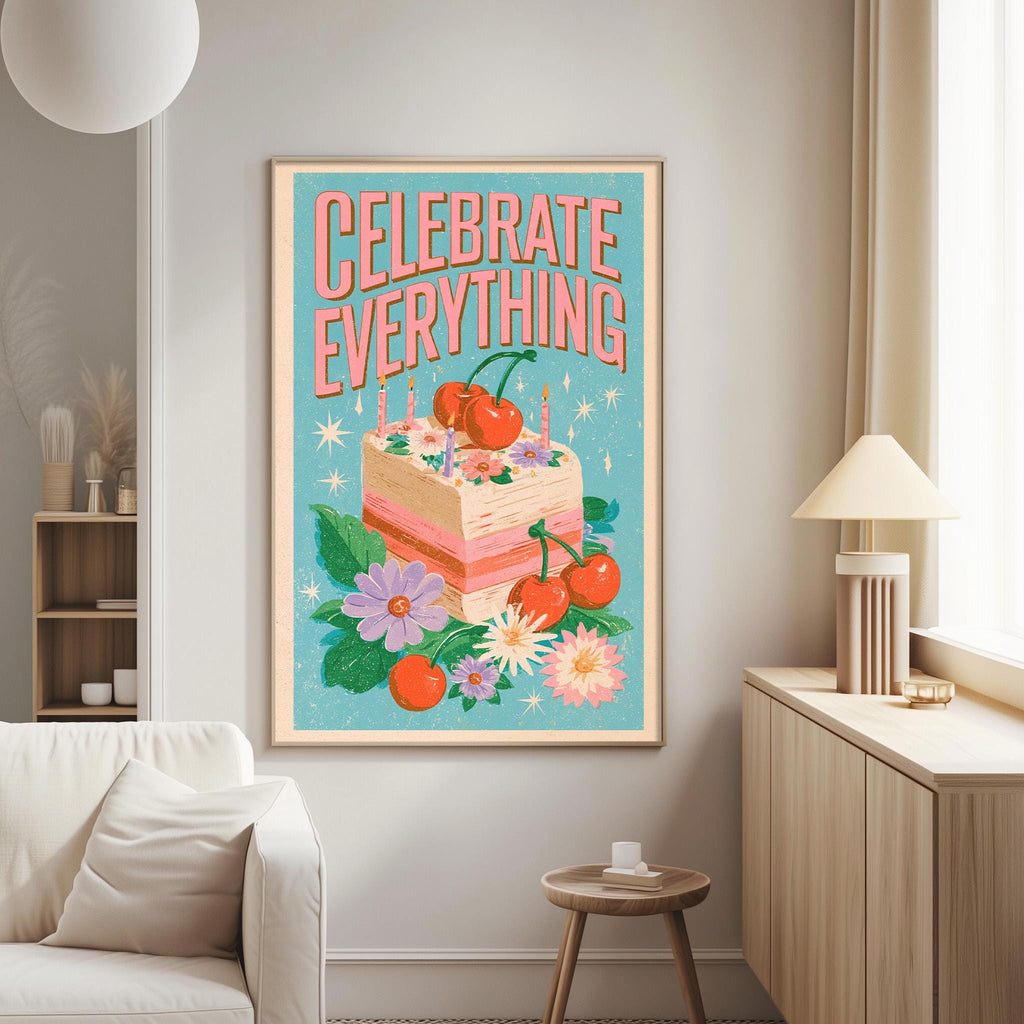 a vibrant poster with a cake and flowers, hanging on a wall in a cozy living room setting.