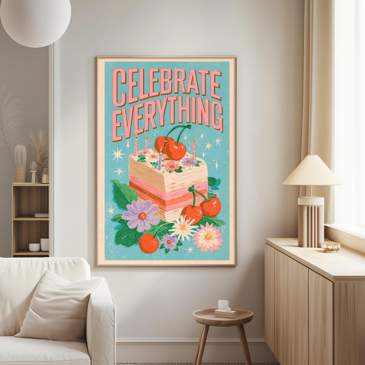 a vibrant poster with a cake and flowers, hanging on a wall in a cozy living room setting.