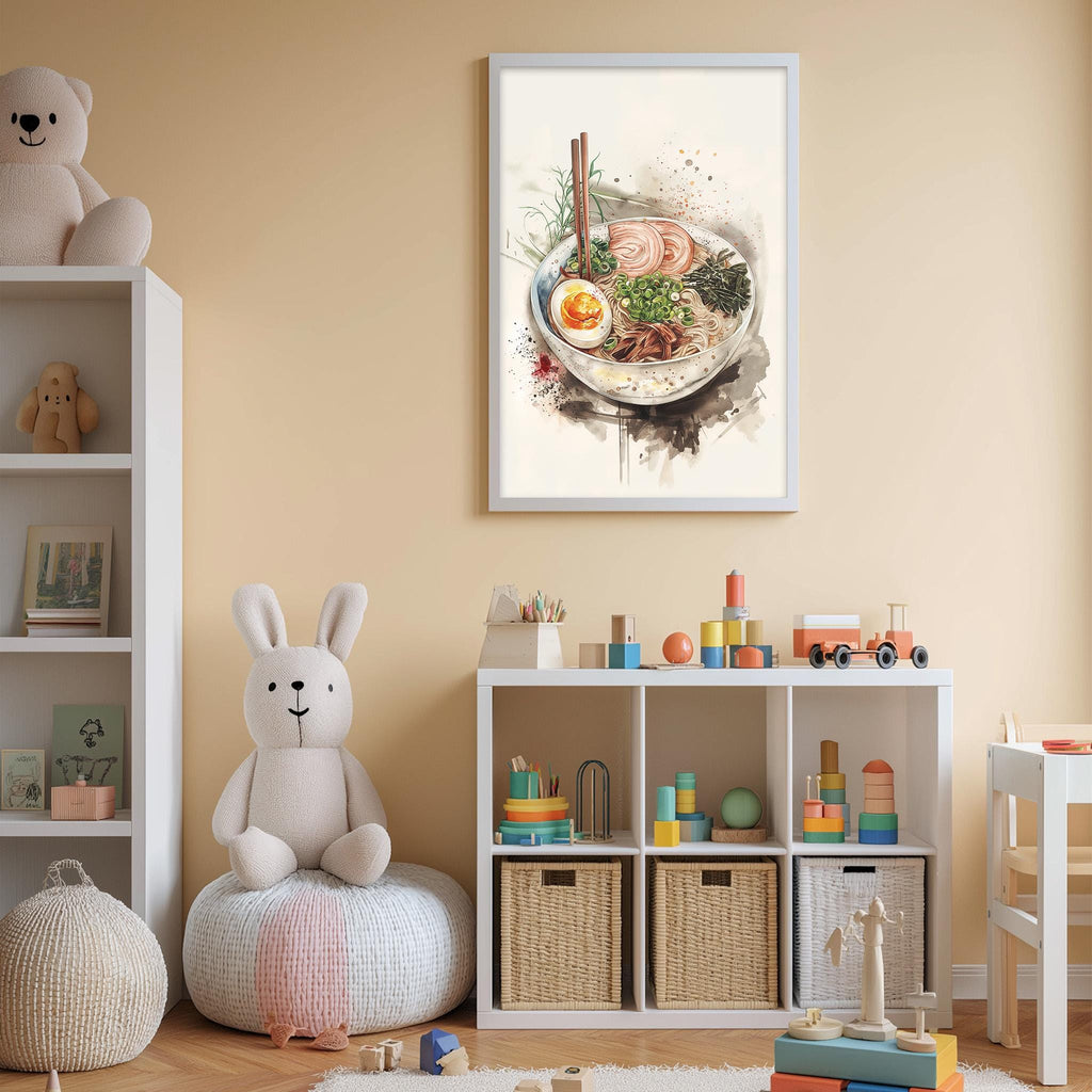 A child's bedroom with a white bookshelf, a stuffed rabbit, and a framed print of a noodle dish on the wall.
