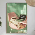 a cat wearing sunglasses and laying on a pink chair with a laptop on its lap, surrounded by potted plants and a dining table with various items on it.