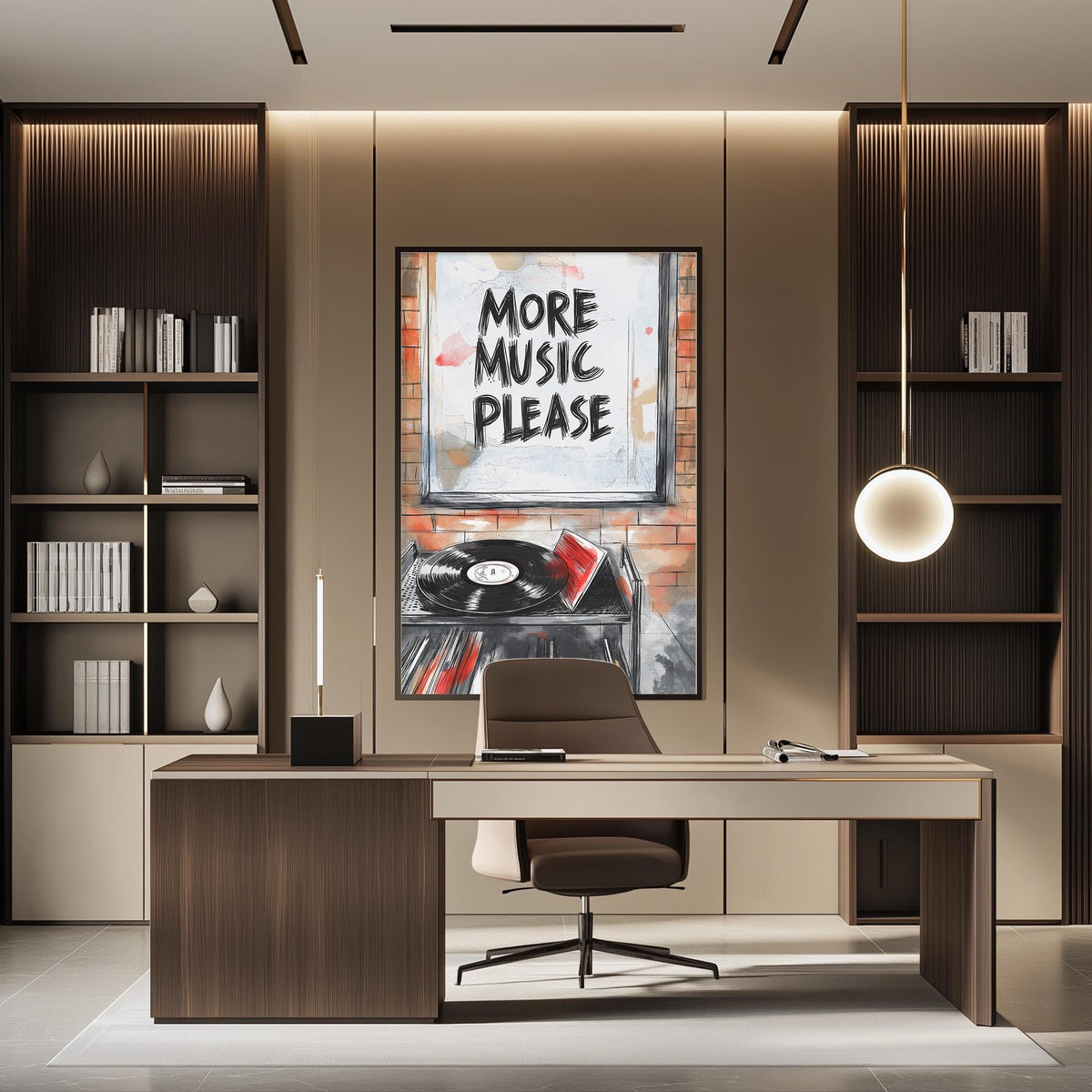 a modern office space with a desk, chair, and a large framed poster on the wall that says "MORE MUSIC PLEASE".