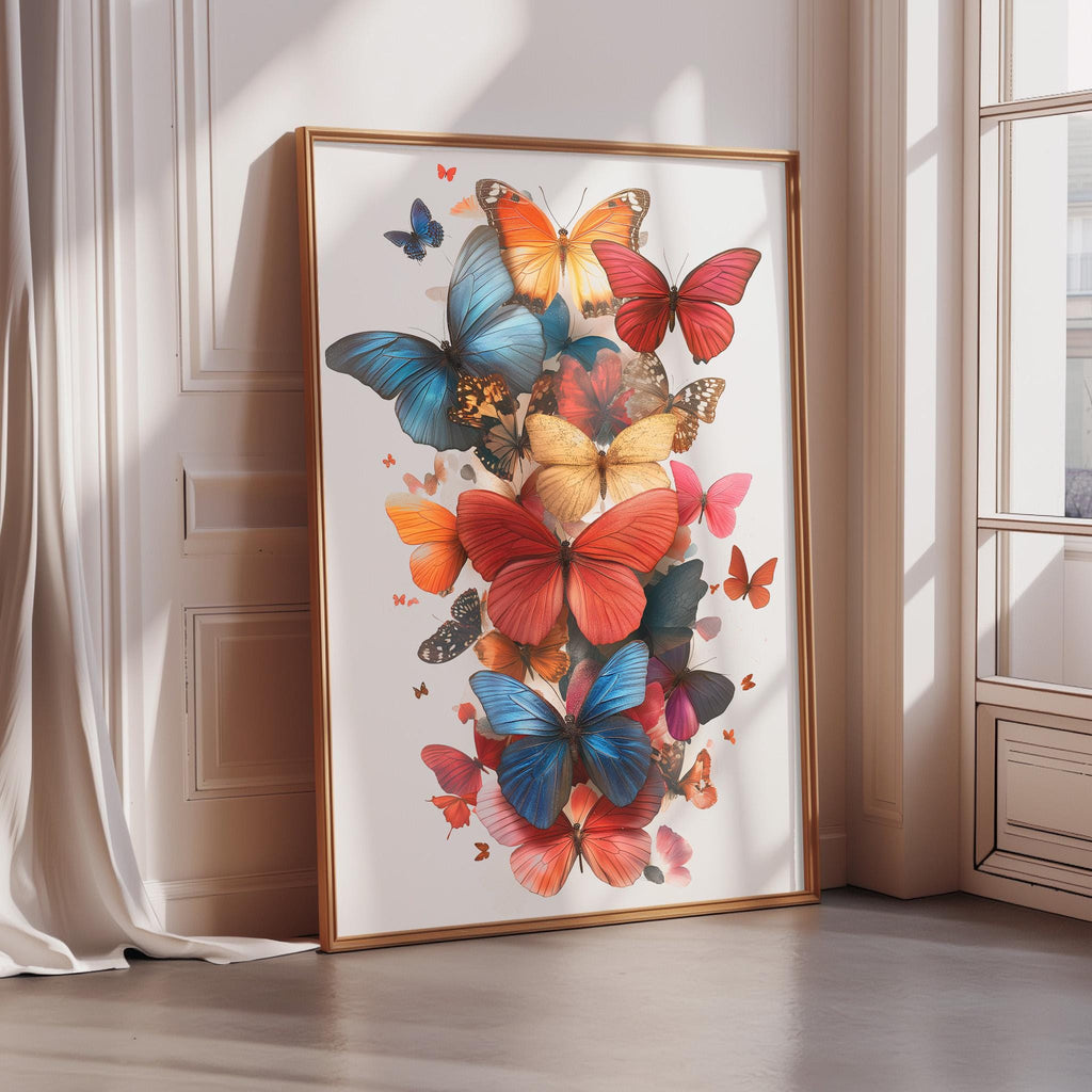 A framed collage of colorful butterflies is displayed on a wall in a room with a window.