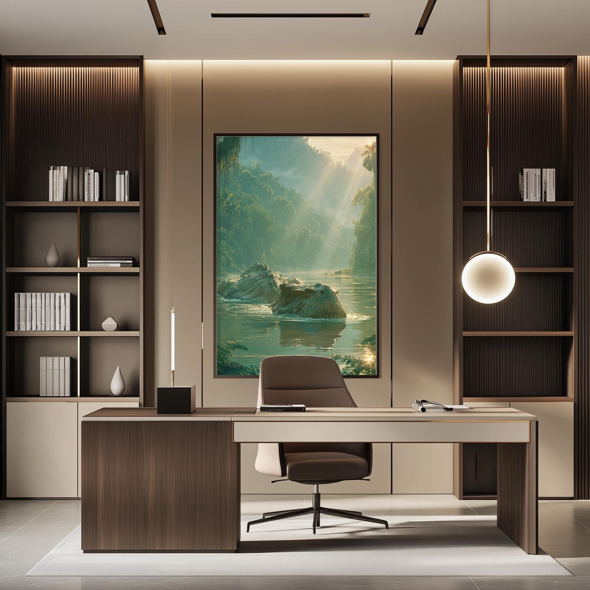 a modern and well-lit office space with a large framed landscape painting on the wall, a wooden desk with a chair, and built-in bookshelves.