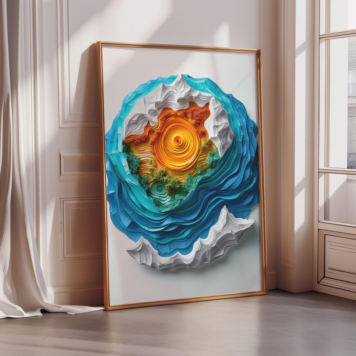 a large, colorful, abstract artwork displayed in a frame on a wooden floor.