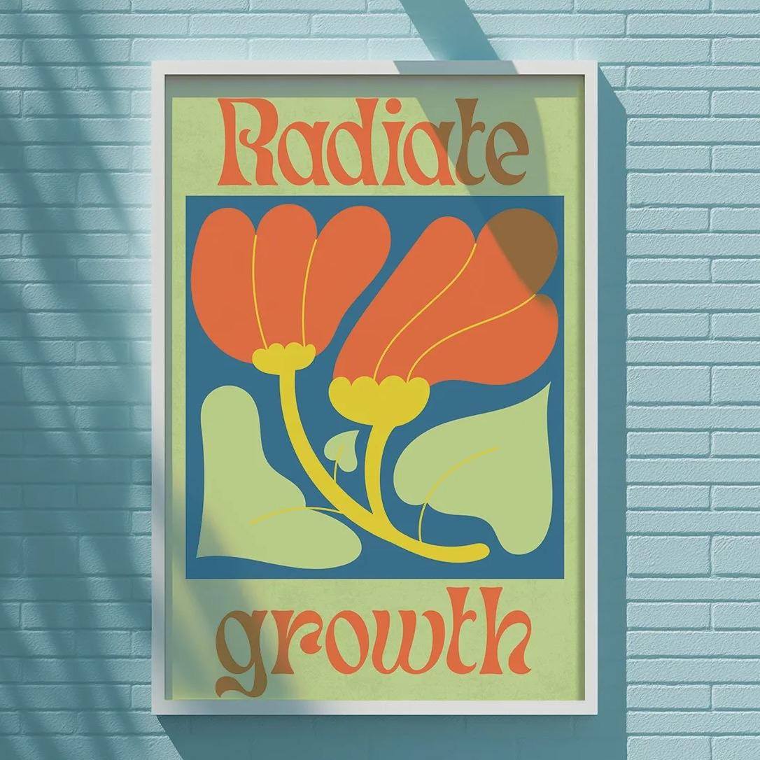 a poster with the text "Radiate growth" displayed on a blue brick wall.