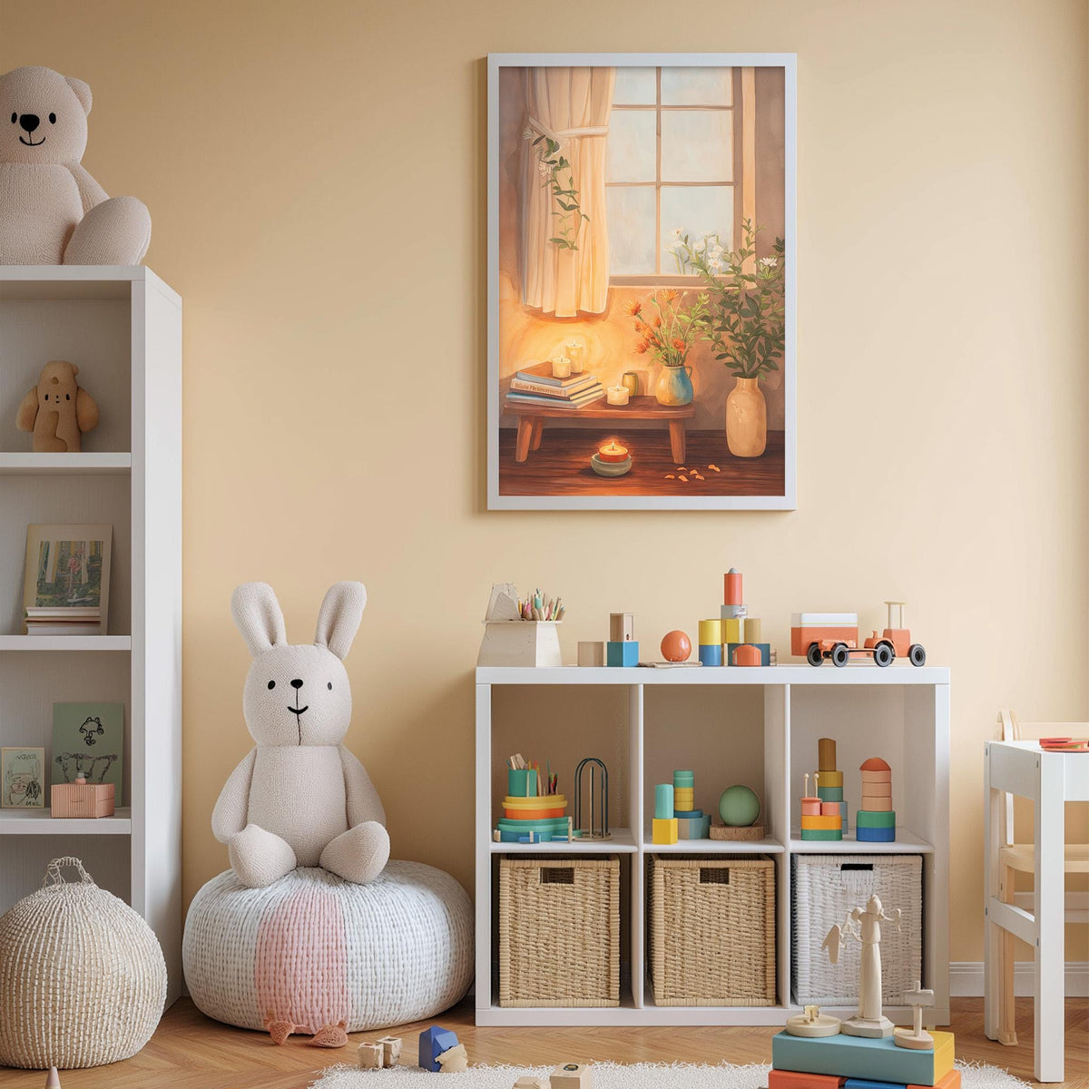 A cozy and well-organized children's playroom with a large stuffed rabbit, a bookshelf, and a colorful toy storage unit.
