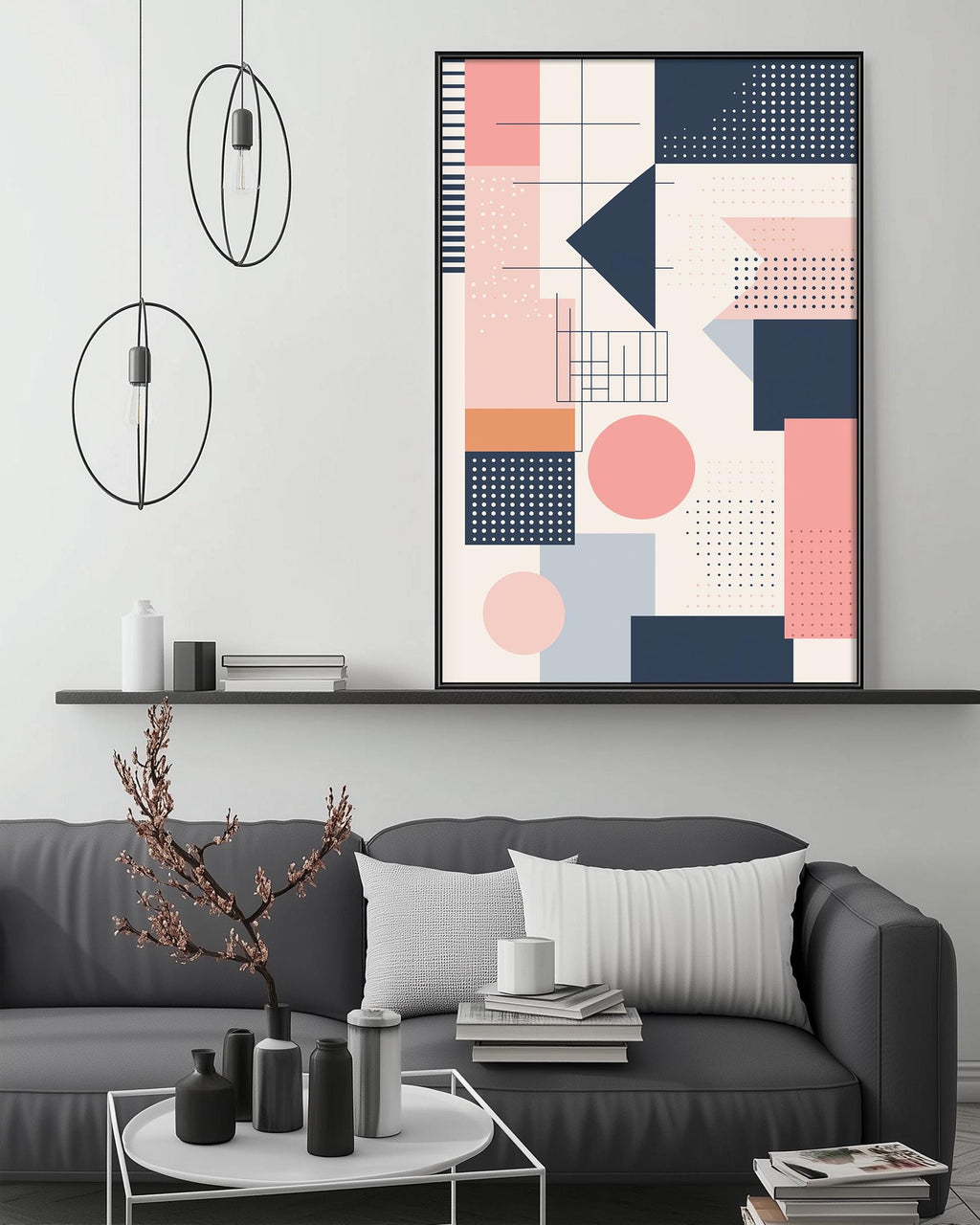 a modern living room with a gray sofa, a coffee table, and a large abstract painting hanging on the wall above the sofa.