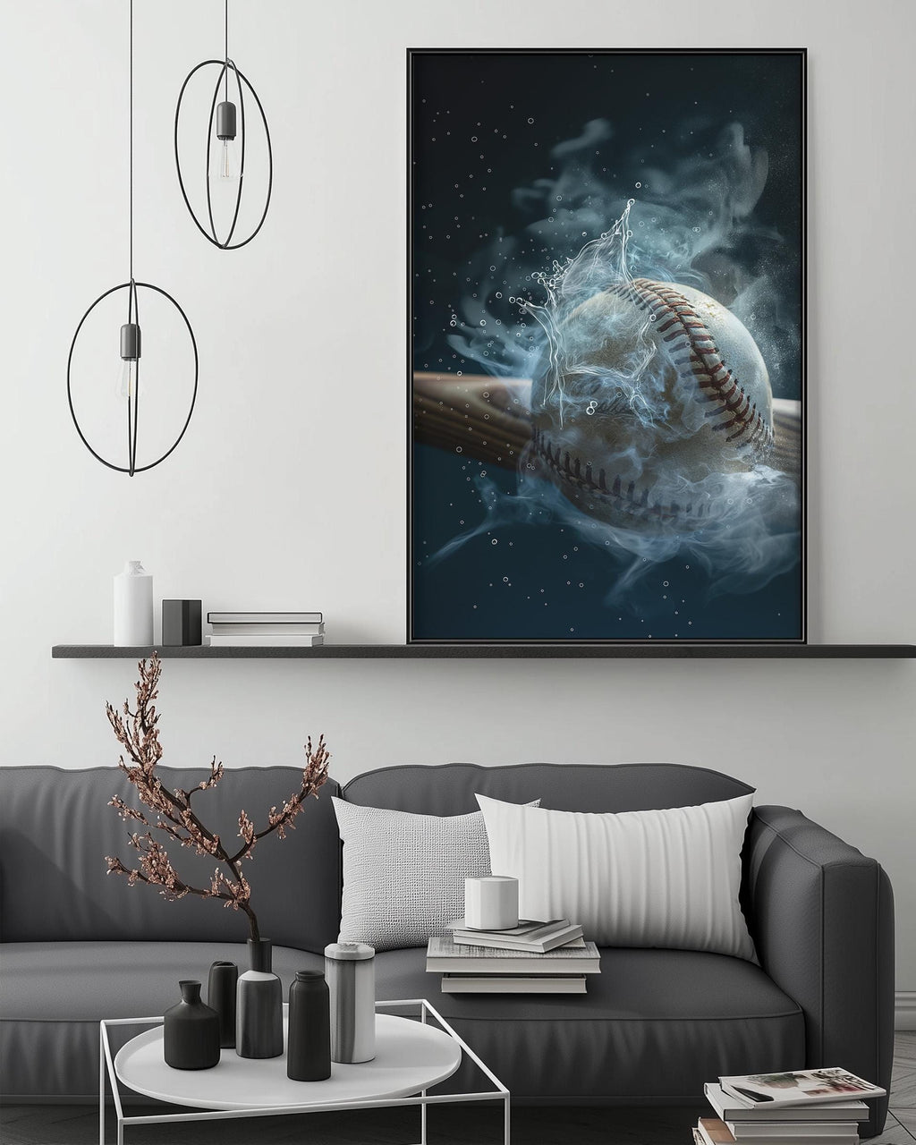 a large framed artwork depicting a baseball in mid-air, surrounded by a swirling mist, with a black and white color scheme.