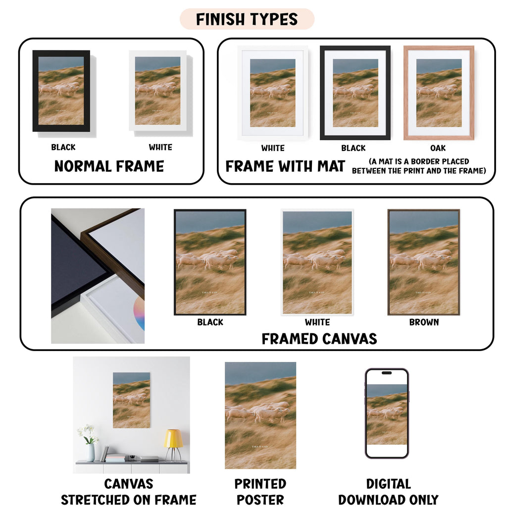 various finish types for framed artwork, including black, white, black, oak, white, black, white, brown, framed canvas, stretched canvas, printed poster, and digital download only.