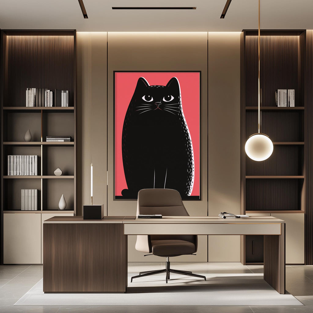 a modern office space with a large black cat artwork on the wall, a wooden desk with a chair, and a bookshelf filled with books.