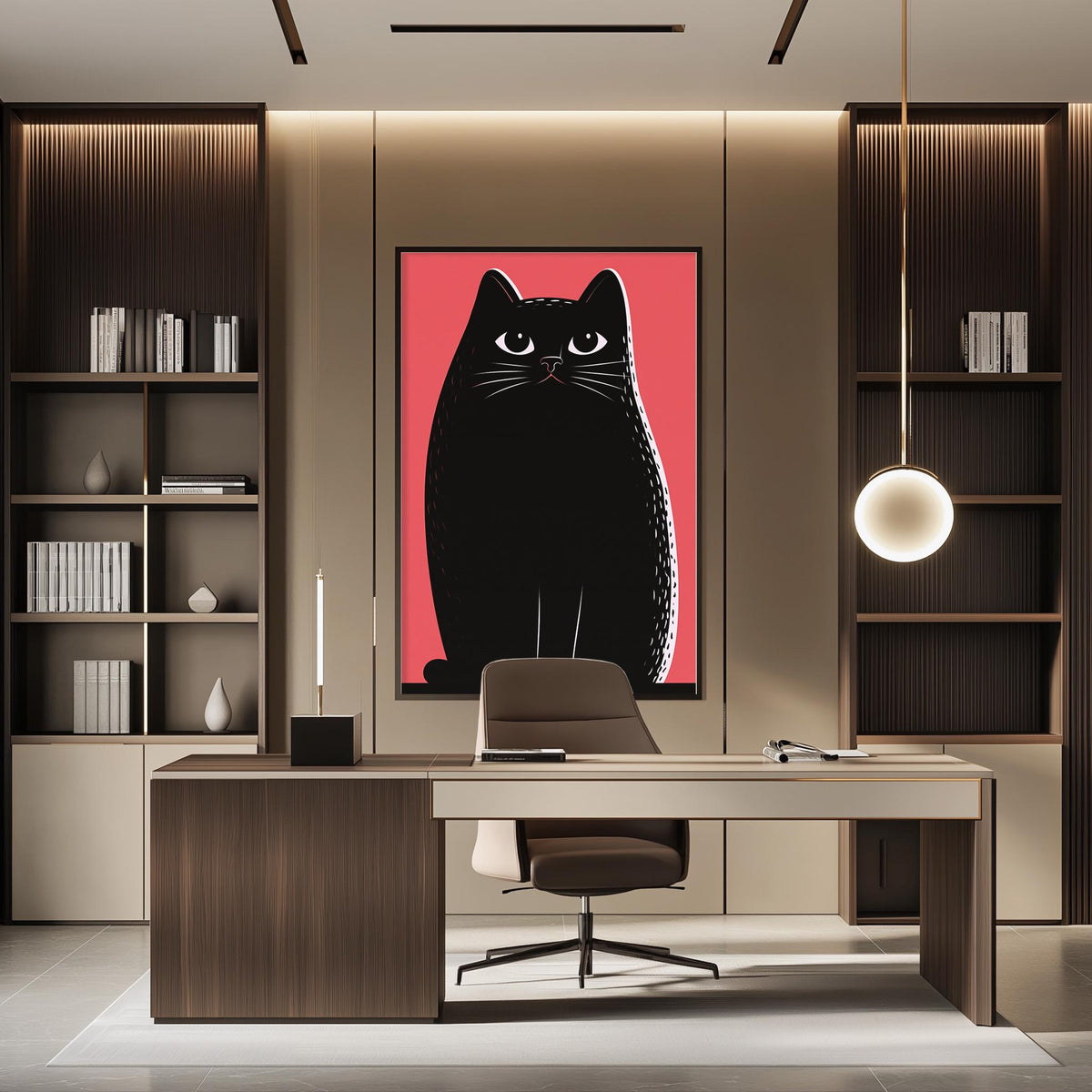 a modern office space with a large black cat artwork on the wall, a wooden desk with a chair, and a bookshelf filled with books.