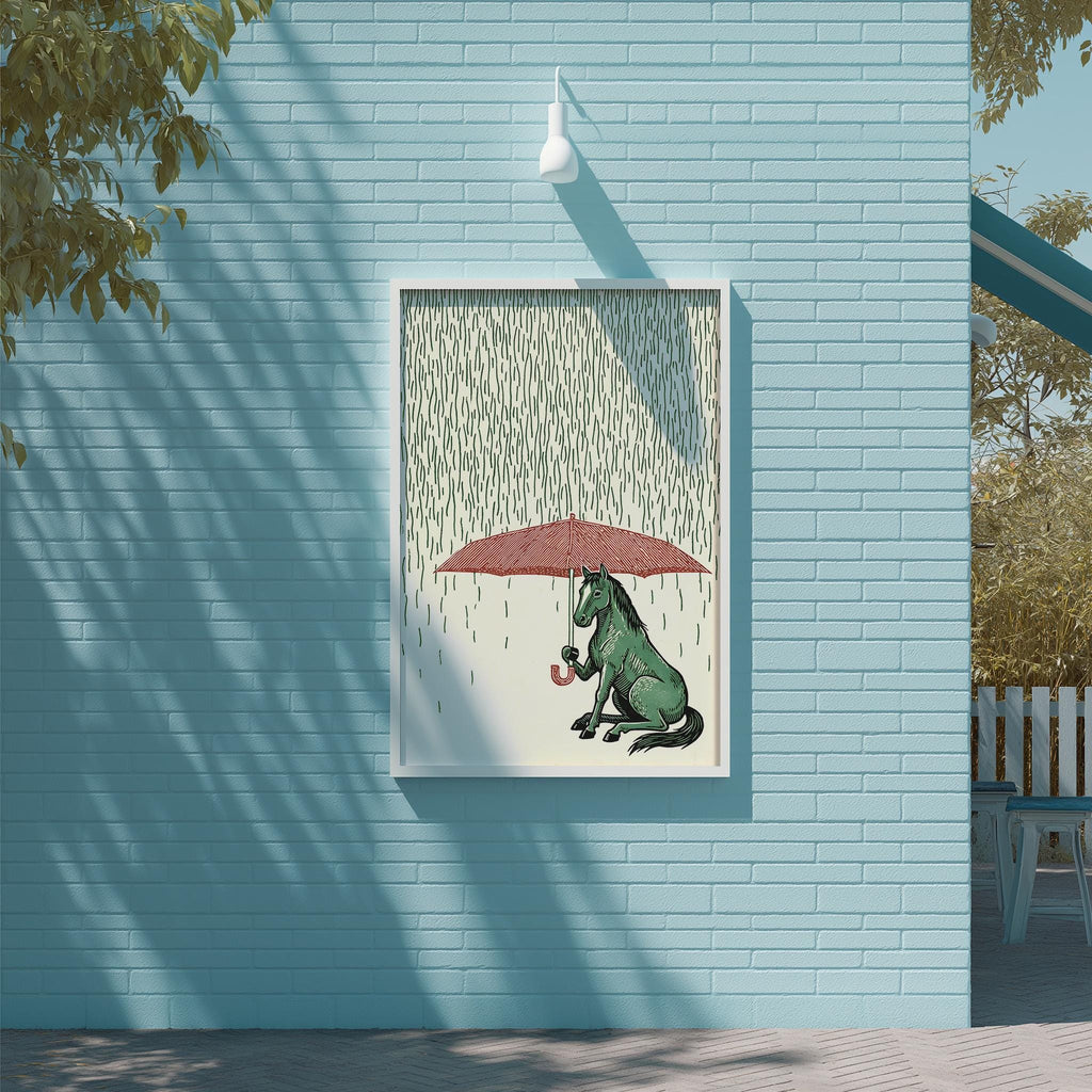 a green horse sitting under an umbrella, with rain falling around it, on a blue brick wall.
