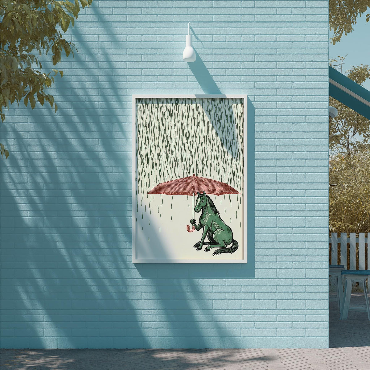 a green horse sitting under an umbrella, with rain falling around it, on a blue brick wall.