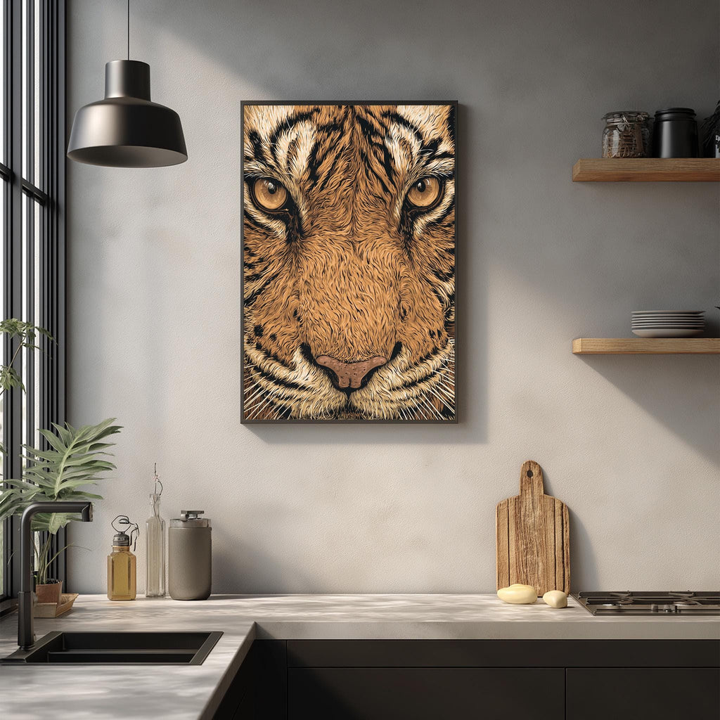 a kitchen counter with a framed picture of a tiger's face hanging on the wall above it. The kitchen counter has various items on it, including a cutting board, a soap dispenser, and a bottle.