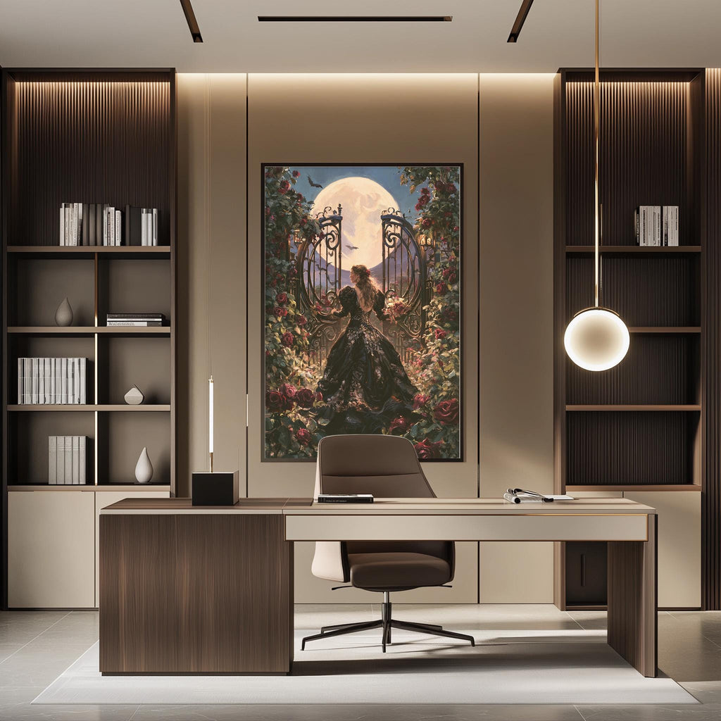 a modern and stylish office space with a large framed artwork of a woman in a flowing dress standing in a garden, surrounded by flowers and a full moon. The office features a wooden desk, a comfortable chair, and a bookshelf filled with books. The overall design and decor create a serene and elegant atmosphere.