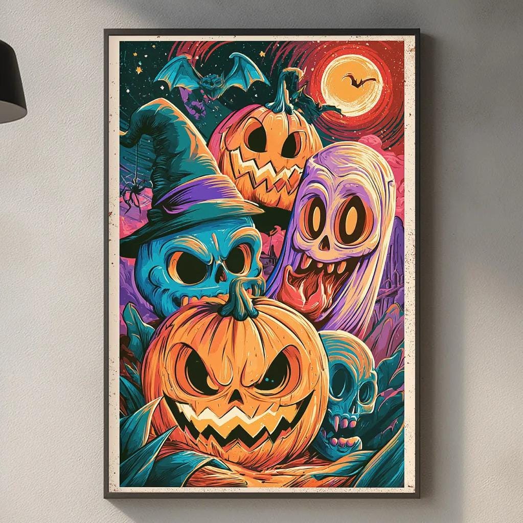a vibrant and colorful Halloween-themed painting hanging on a wall above a kitchen counter.