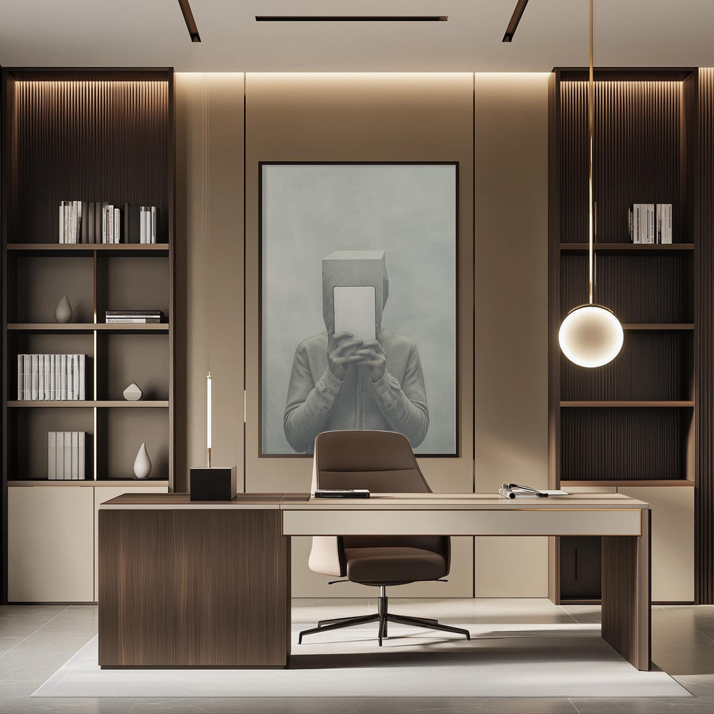 a modern and minimalist office space with a large wooden desk, a comfortable-looking chair, and a framed artwork featuring a person's face. The room is well-lit, with a pendant light hanging above the desk and a bookshelf filled with books on the left side. The overall design and layout of the space create a professional and organized atmosphere.