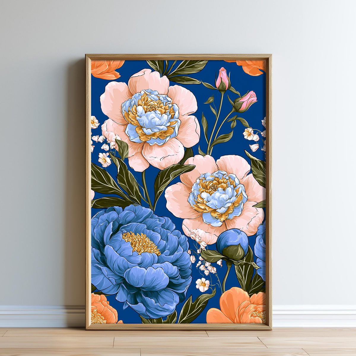 a vibrant floral pattern with blue, pink, and orange flowers against a dark blue background.