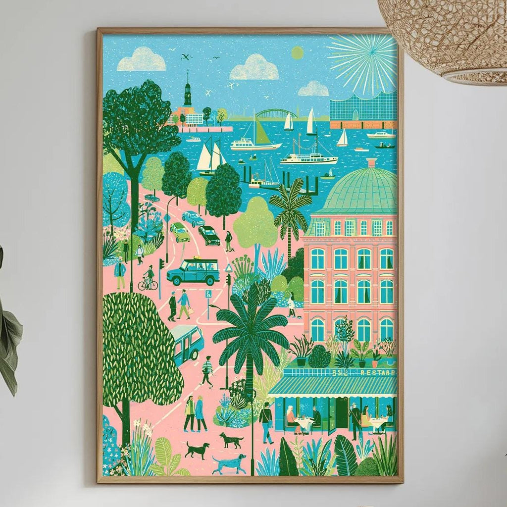 a vibrant and colorful painting of a tropical beach scene, hanging on a wall above a dining table. The painting depicts palm trees, a beach, and various other elements characteristic of a beachside location. The table is set with plates, bowls, and other tableware, suggesting a meal or gathering taking place in this tropical setting.