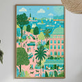 a vibrant and colorful painting of a tropical beach scene, hanging on a wall above a dining table. The painting depicts palm trees, a beach, and various other elements characteristic of a beachside location. The table is set with plates, bowls, and other tableware, suggesting a meal or gathering taking place in this tropical setting.