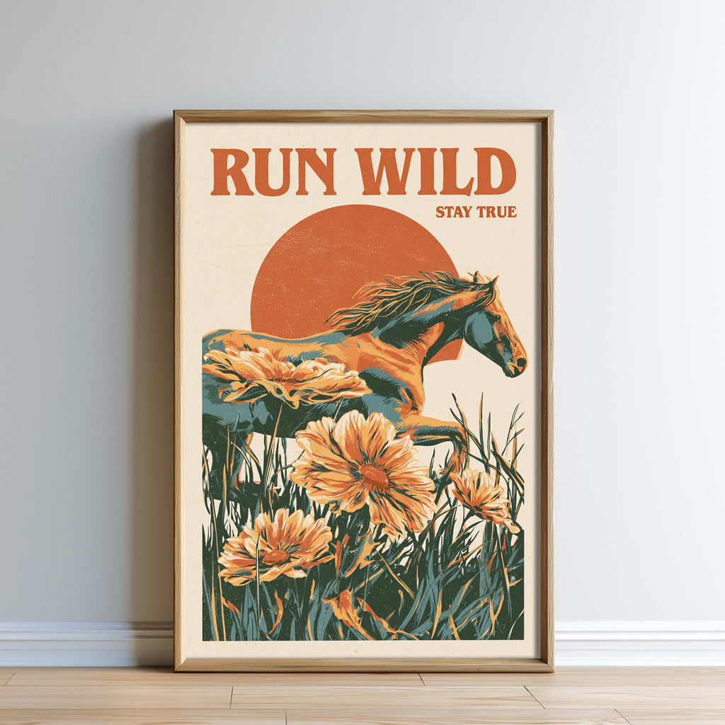 The image is a framed poster with an illustration of a horse running through a field of flowers.