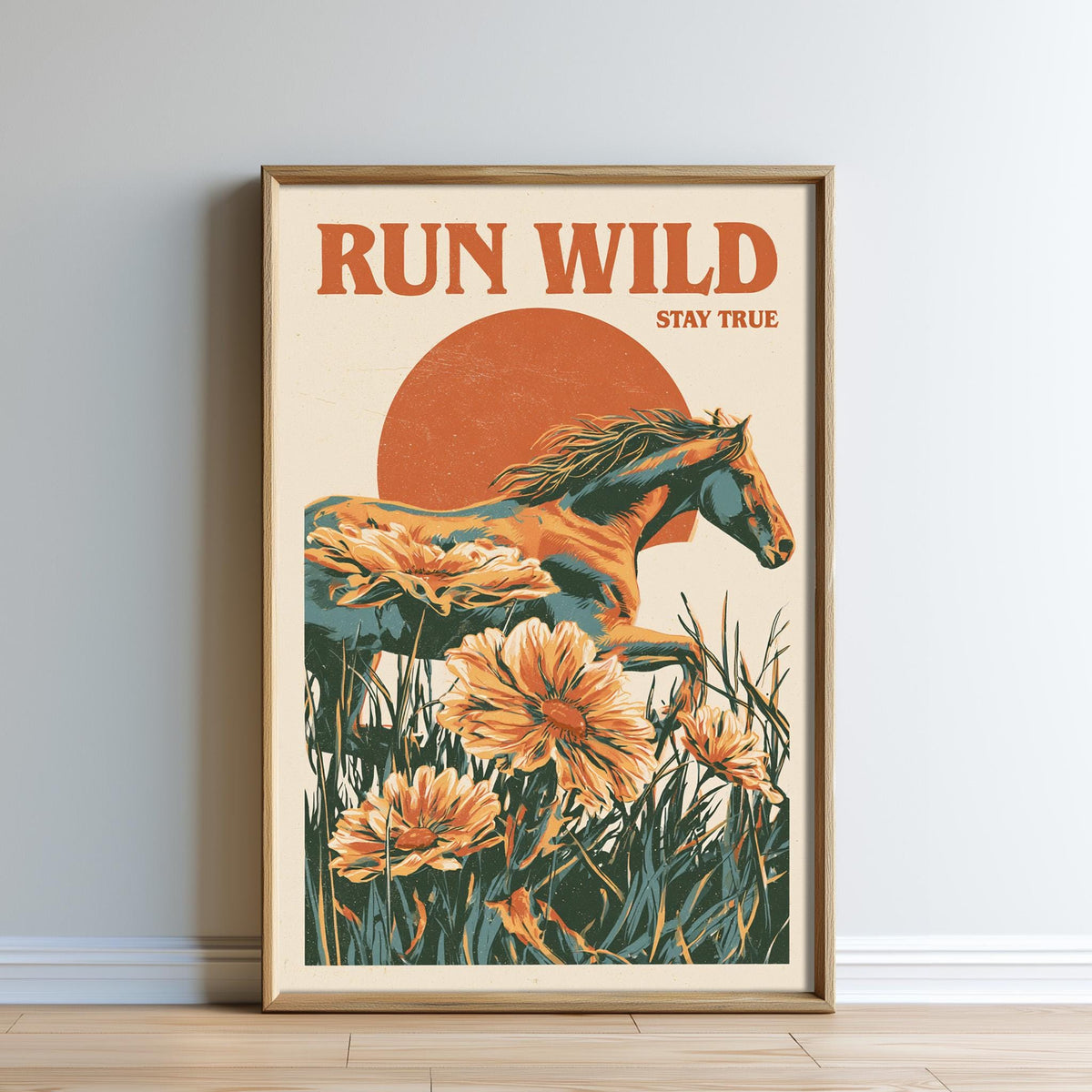 The image is a framed poster with an illustration of a horse running through a field of flowers.