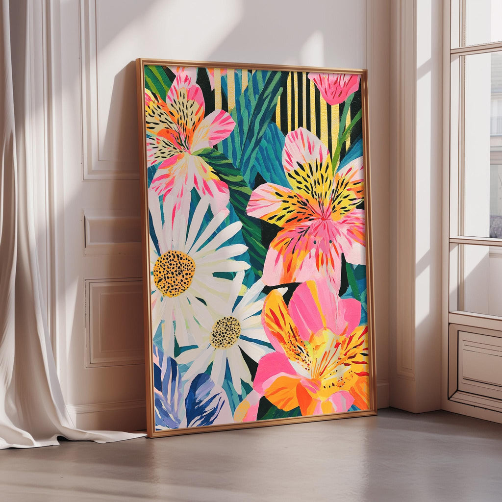 A large, colorful painting of flowers is displayed on a wall in a room with a window.