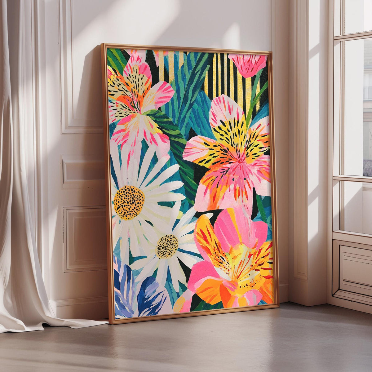 A large, colorful painting of flowers is displayed on a wall in a room with a window.