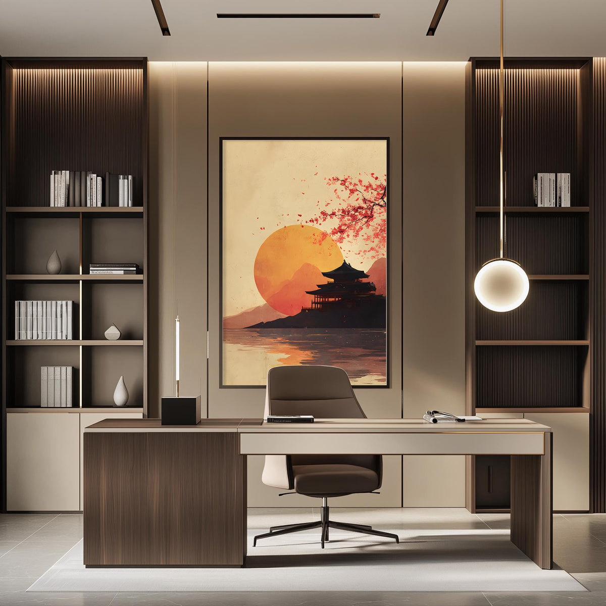 a modern and minimalist office space with a large wooden desk, a comfortable chair, and a framed artwork depicting a serene sunset over a mountain landscape.