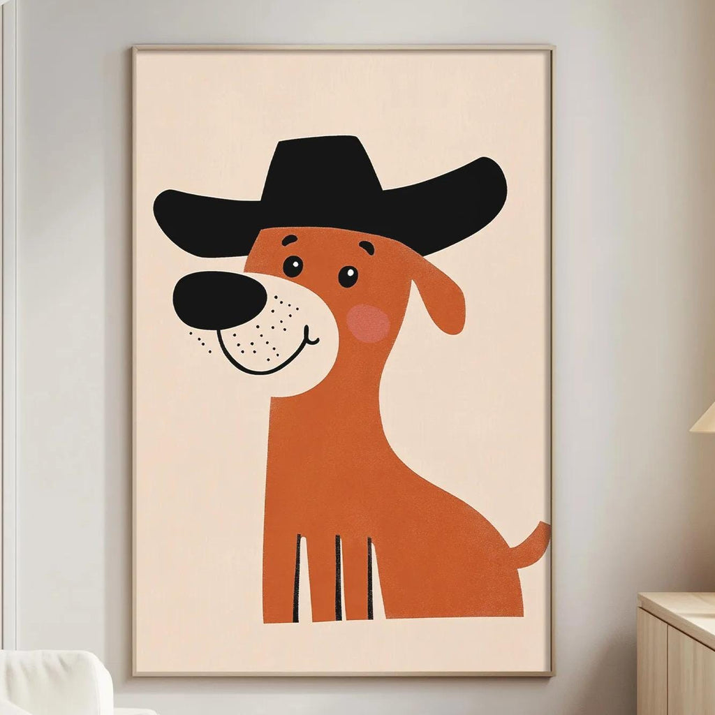 a cozy living room with a large, cheerful dog wearing a black cowboy hat as the central focus. The dog is depicted in a playful and whimsical manner, adding a touch of personality to the space. The room is furnished with a white couch and a small wooden table, creating a comfortable and inviting atmosphere.